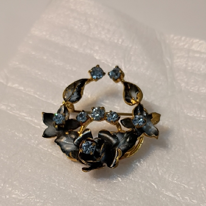 Vintage Gold And Slate Blue Enamel Floral Brooch 8 Blue Crystals Signed Austria